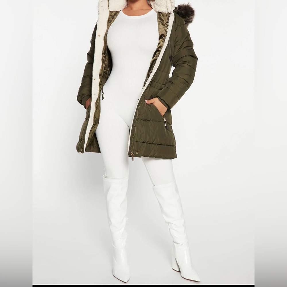 Olive green puffer jacket for sale